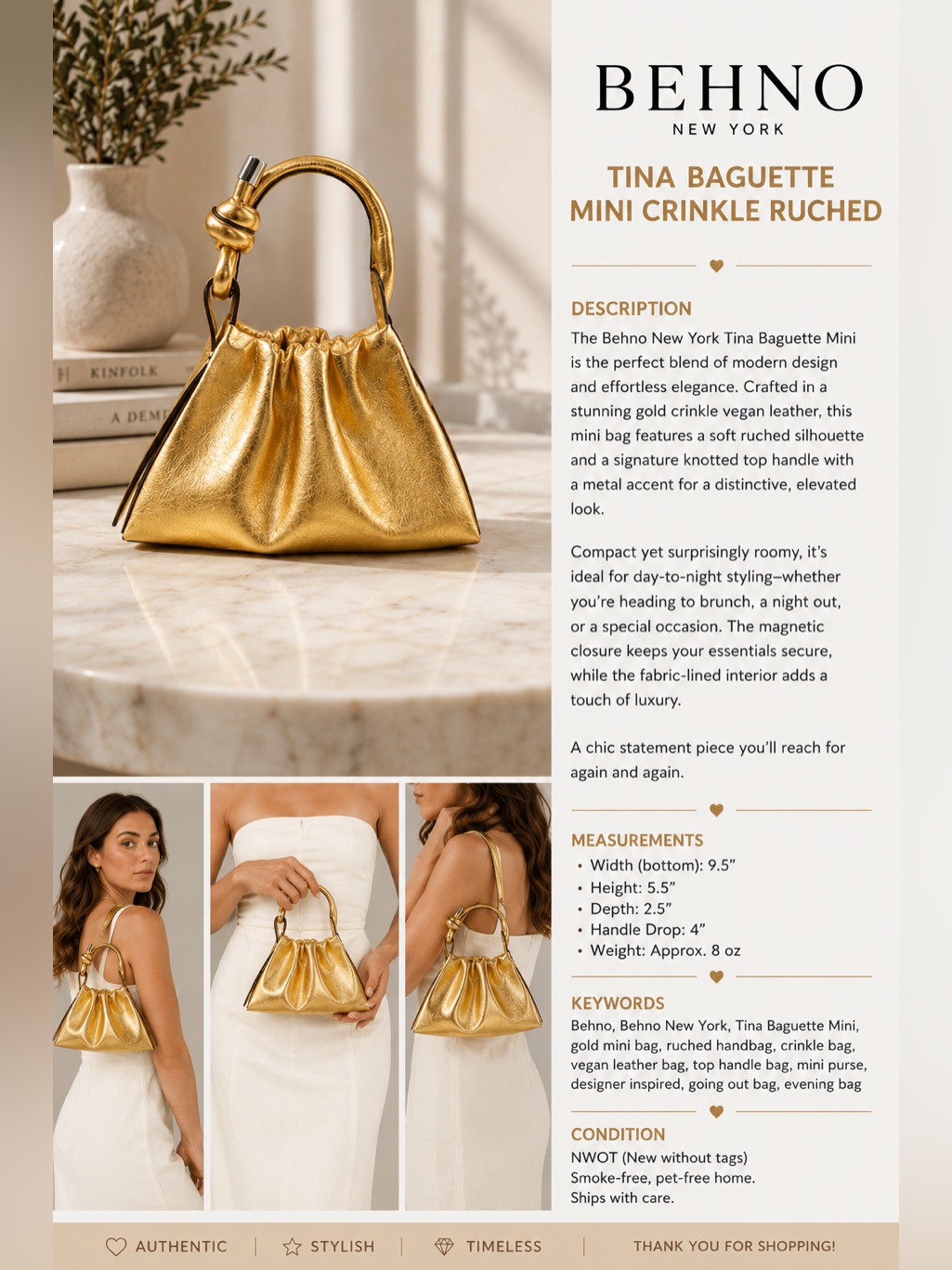 Behno New York Tina Baguette Mini Crinkle Ruched Bag Gold — image 2 of 8